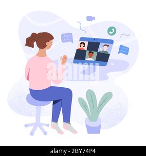 School learning on video conference, girl at desktop making group video call for studying at home during self-isolation and quarantine, distant e Stock Vector
