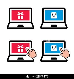 Shopping online, laptop with present and shopping bag color icon set Stock Vector