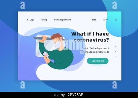 Сoronavirus banner with man in subway reading news on smartphone about covid-19 pneumonia. Modern web page or website vector layout, landing for Stock Vector