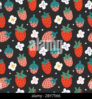 Strawberry seamless pattern on black background, fruit ornament with hand drawn illustration of berries with blooming flowers, good for kitchen Stock Vector