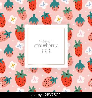 Strawberry template for package design with space for logo or text, trendy vector hand drawn illustration of summer red berries with white flowers Stock Vector