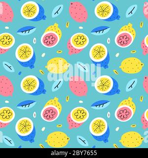 Doodle lemon pattern, seamless repeating ornament, colorful trendy background with whole lemon fruits, bright handdrawn fashion print, good as Stock Vector
