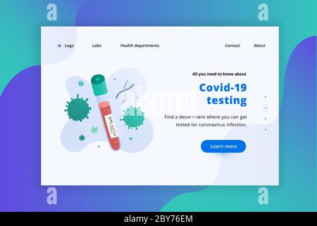 Сoronavirus test tube on banner with, covid-19 lab diagnosis, medical blood test for ncov pneumonia, web page or website vector layout, landing for Stock Vector
