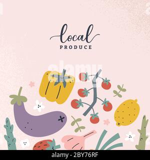 Vegetable poster, farmers market banner, hand drawn illustration with fruits and vegetables collection, vector artwork with tomato, lemon, asparagus Stock Vector