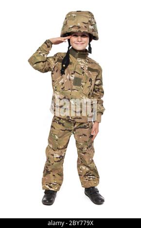 Saluting soldier. Young boy Stock Photo