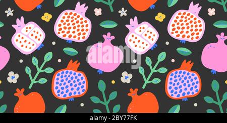 fr-vg-patternsPomegranate fruit pattern, red juicy halves with leaves and seeds, colorful doodle modern art, hand drawn vector illustration, seamless Stock Vector