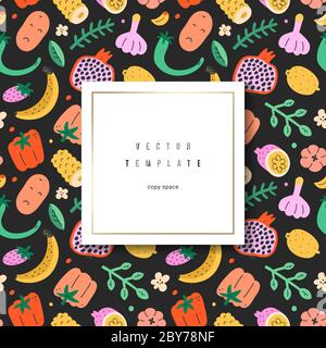 Fruits vegetables frame, vector template with copy space and hand drawn modern illustration ornament, border background, good for menu cover, booklet Stock Vector