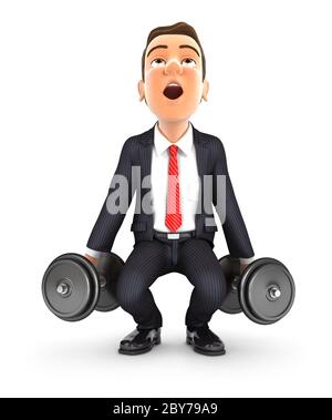 3d businessman trying to lift heavy dumbbell, illustration with isolated white background Stock Photo