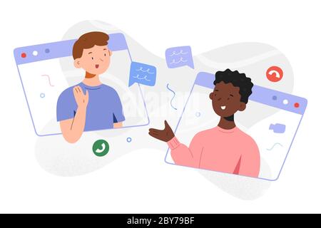 Kids video chat, children communicating via video conference, boys talking making video call to a friend, childrens communication on self-isolation Stock Vector