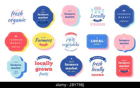 Farmers market logo collection, label logotype templates for local food fair isolated badges, bundle of typography compositions with script font Stock Vector