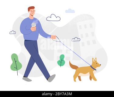 Man walking a dog, listening to music in headphones, drinking coffee in good mood, outdoors activity, male cartoon character, smiling guy with pet Stock Vector