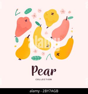 various pears collection, doodle cartoon drawing, isolated vector illustration, sweet ripe fruit with blooming flowers and leaves, hand drawn flat Stock Vector