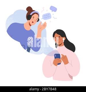 Female podcast host and listener, woman listening to podcast show on mobile app, podcaster in headset talking to audience, concept of broadcasting Stock Vector