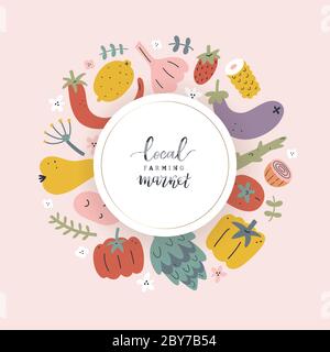 Vegetables frame. Farmers market poster or menu design template with copy space. Organic vegetables food banner. Hand drawn sketch illustration Stock Vector