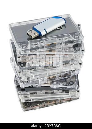 Stack of audio cassettes and flash memory Stock Photo