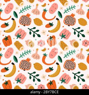 Fruit mix pattern, summer sweet food background, seamless vector texture, pomegranate, lemon and tropical fruit, cute doodle drawing, bright fashion Stock Vector