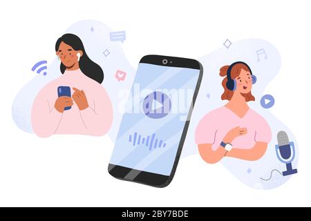 Podcast host and listener concept, woman recording a program with mic, girl listening to podcast in headphones using mobile app, production of content Stock Vector