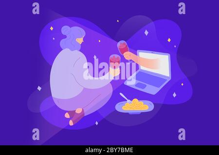 Online date during quarantine and self-isolation, woman talking and having dinner with her partner via video chat, virtual relationship while Stock Vector
