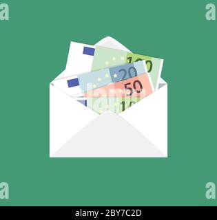 Opened envelope with Euro banknotes. Payment, salary, investment, corruption concept illustration in flat style. Stock Vector
