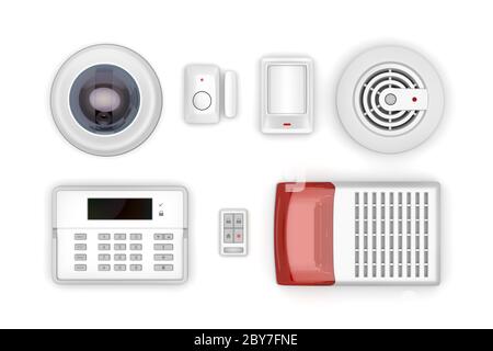 Security electronic devices on white background, top view Stock Photo