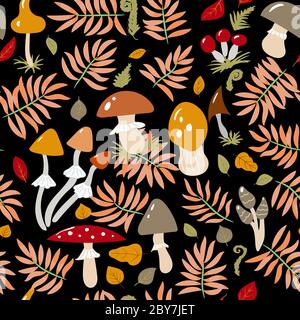 Autumn seamless pattern with mushrooms and autumn leaves on a dark background. Warm colors, October background. The season of comfort, picking mushroo Stock Vector