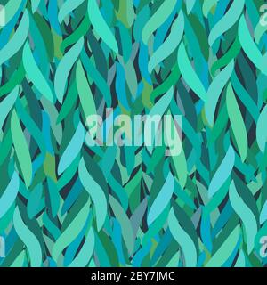 Abstract, beautiful, textured green background from willow leaves. Various leaves of green-blue shades, seaweed, grass, spring hibernation. Stock Vector
