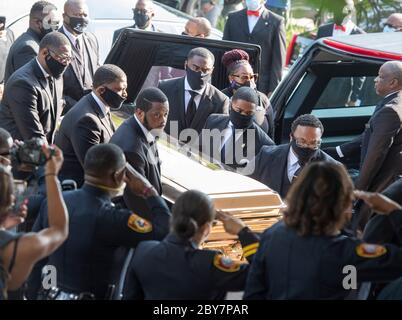 The casket of GEORGE FLOYD arrives at Fountain of Praise Church in suburban Houston June 9, 2020 for a private funeral service followed by burial in nearby Pearland. Thousands turned out for a public viewing yesterday. Stock Photo