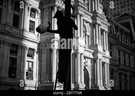 Protestors clash with police near City Hall, in Philadelphia, PA on May 30, 2020. Cities around the nation see thousands take to the streets to protes Stock Photo