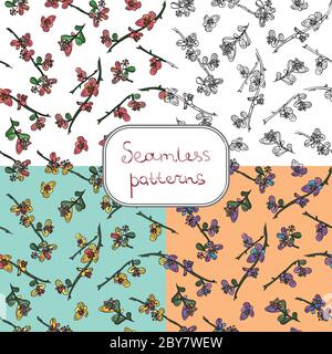 Vector illustration set of four decorative seamless patterns with twigs. Nature floral background. Endless texture can be used for wallpaper, pattern Stock Vector