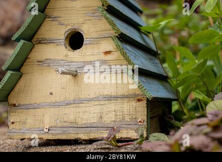 Rustic Wooden A Frame Birdhouse with Clapboard Roof in Navy Blue and Off White Colors with Peeling Paint and Garden Background Stock Photo