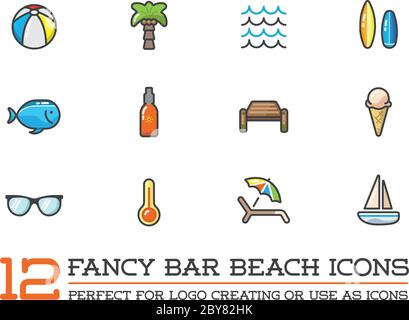 Set of Vector Beach Sea Bar Flat Icons Elements and Summer can be used as Logo or Icon in premium quality Stock Vector