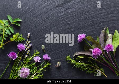 Background concept for food or beauty advertising by chive blossoms and aromatic herbals in on black slate stone board with copy space