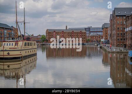 The historic docklands in Gloucester waiting to reopen after government restrictions lifted during the coronavirus pandemic Gloucester city June 2020 Stock Photo