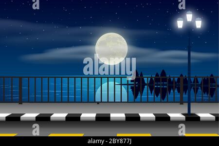 landscape of road on the beach in full moon night Stock Vector