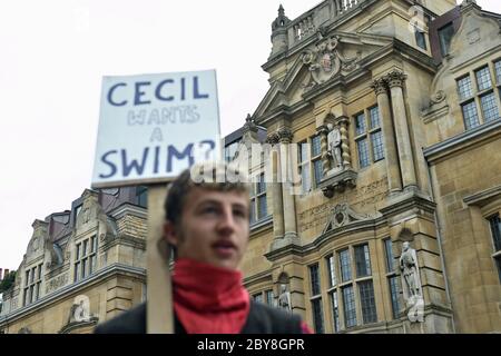 A protester in front of Oriel College, Oxford, beneath the statue of Cecil Rhodes, during a protest calling for the removal of the statue of 19th century imperialist, politician Cecil Rhodes from the Oxford college which has reignited amid anti-racism demonstrations. Stock Photo