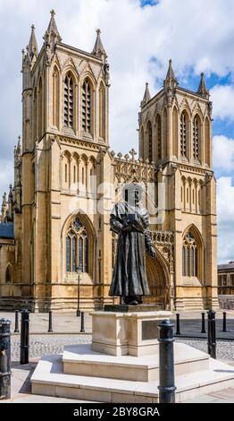 Statue of Indian Hindu reformer Raja Rammohun Roy before the west face of Bristol Cathedral - Roy died while visiting Bristol in 1833 Stock Photo