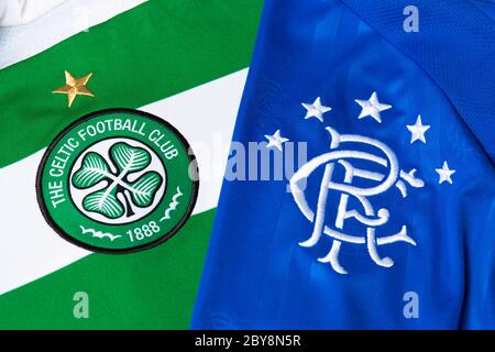 Close up of Glasgow Rangers and Glasgow Celtic club crest. Stock Photo