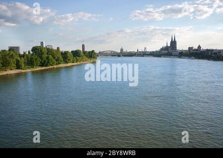 COLOGNE, NORTH RHINE-WESTPHALIA, GERMANY - JUNE 17, 2019: Cologne cityscape and River Rhine. City panorama, copy space. Stock Photo