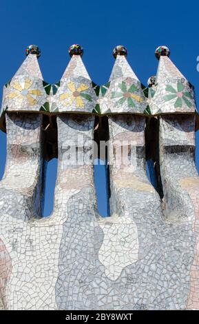 Chimneys like masked soldiers on the roof of La Pedrera Stock Photo