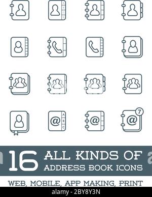All Kinds of Contact Us Address Book Icons in Vector Isolated for Using in All Purposes Web, Mobile, App Making or Printing Stock Vector