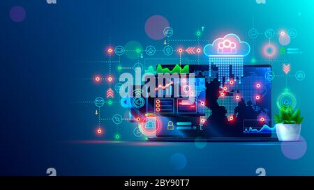 Remote collaboration in home office on laptop. Business management via Internet. Online system of internet office. Team communication, meetings and Stock Vector