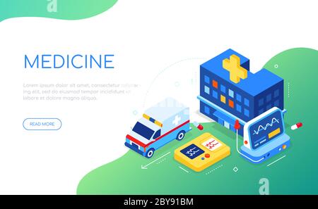 Medicine and hospital - colorful isometric web banner Stock Vector