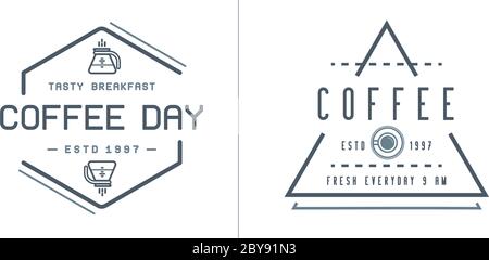Set of Vector Coffee Logotype Templates and Coffee Accessories Illustration with Incorporated Icons with Fictitious Names Stock Vector