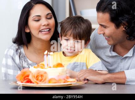 Smiling family celebrating a birthday together Stock Photo