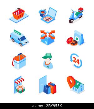 Food delivery service - modern isometric icons set Stock Vector