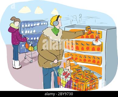 Vector Illustration Shopping in Grocery Market or Mall Stock Vector