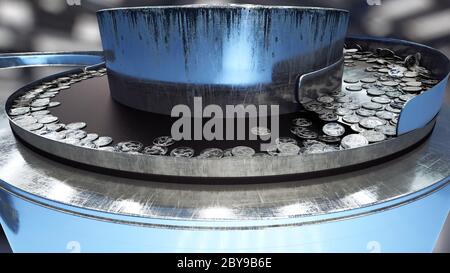 Process of production of coins, 25 cents. Industrial concept. Factory ...