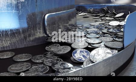 Process of production of coins, 25 cents. Industrial concept. Factory ...