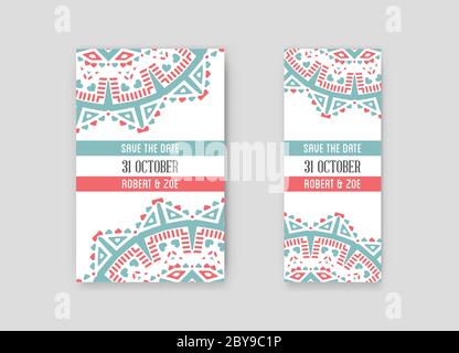 Set of Vector Design Awesome Wedding Invitation Template with Mandala or Doodles Theme. Ideal for Save The Date, Christmas Eve, Mothers Day, Valentine Stock Vector