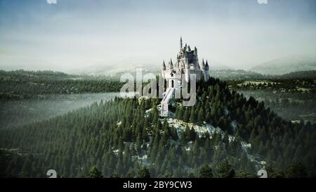 Old fairytale castle on the hill. aerial view. 3d rendering. Stock Photo